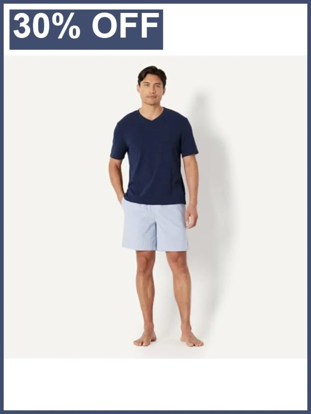 Men's Cotton Poplin Pajama Short Set with T-Shirt, Breathable Loungewear